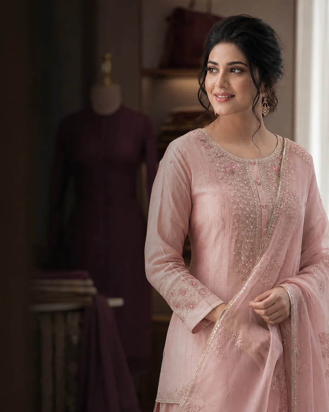 Woman wearing an elegant blush custom-stitched Punjabi suit
