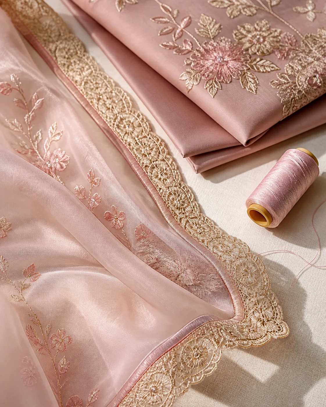 Detailed blush dupatta lace, piping and embroidered fabric finishing