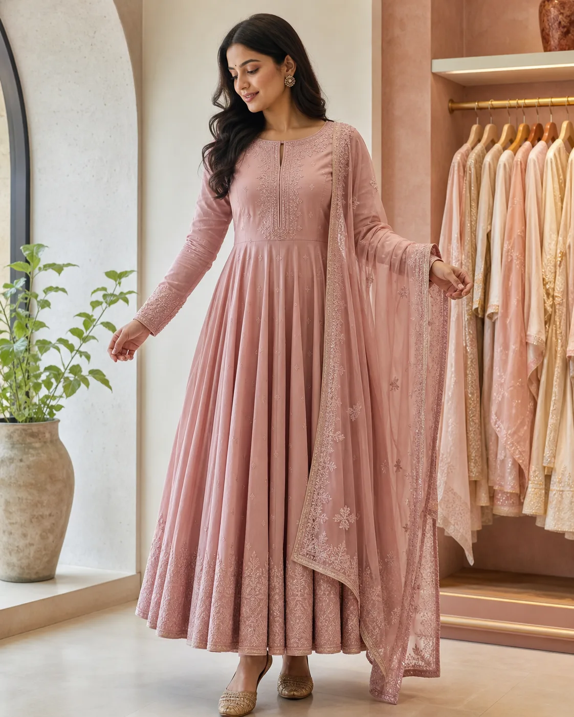 Rose-pink tailored frock with embroidered dupatta