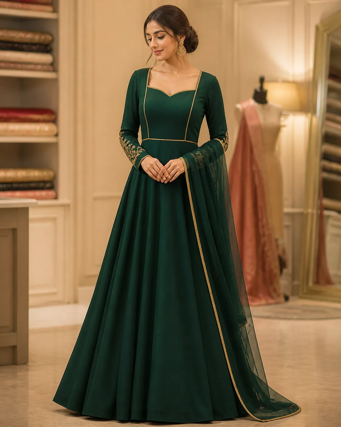 Deep emerald custom-stitched gown with refined gold finishing