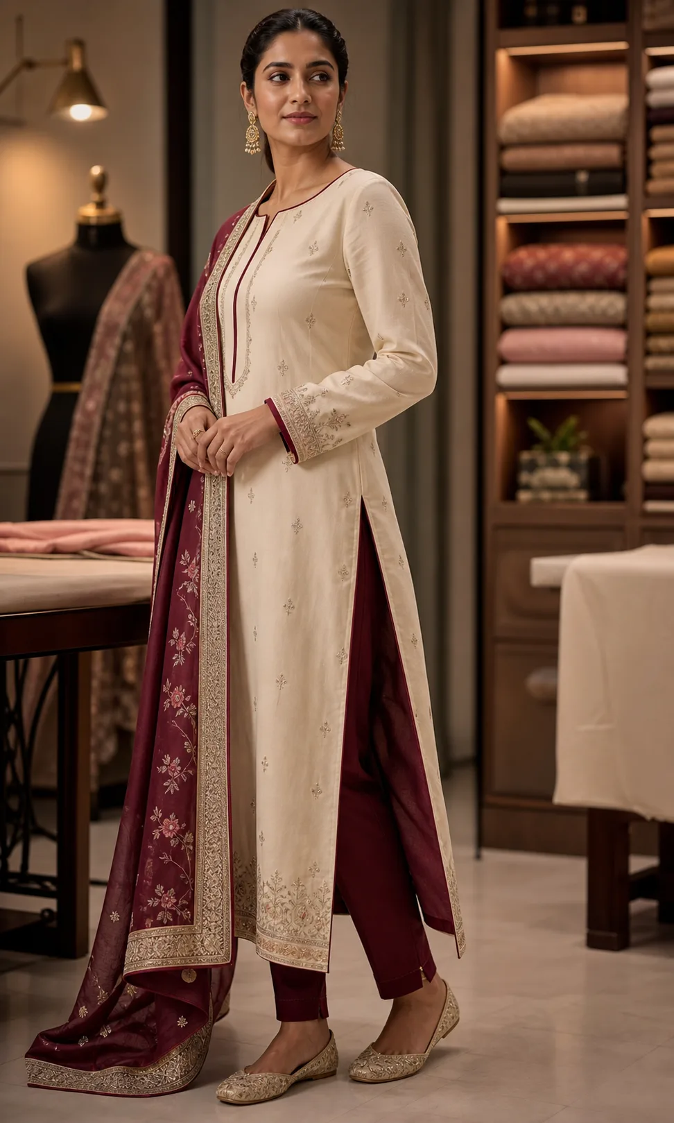 Ivory suit with wine piping, lining and embroidered dupatta