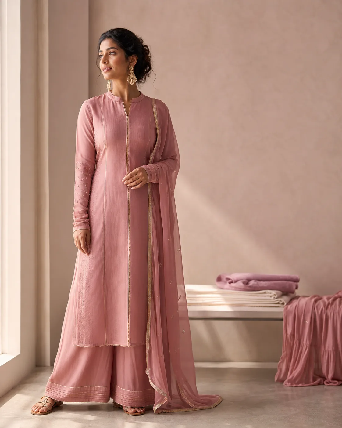 Dusty rose palazzo suit with a tailored kurta and dupatta
