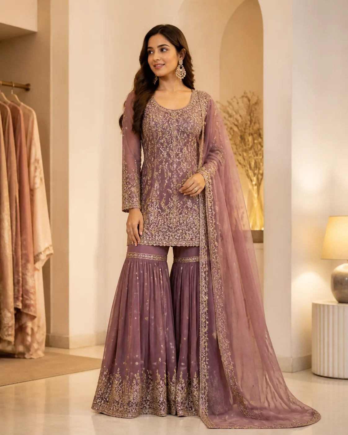 Mauve embroidered sharara suit with a flowing dupatta