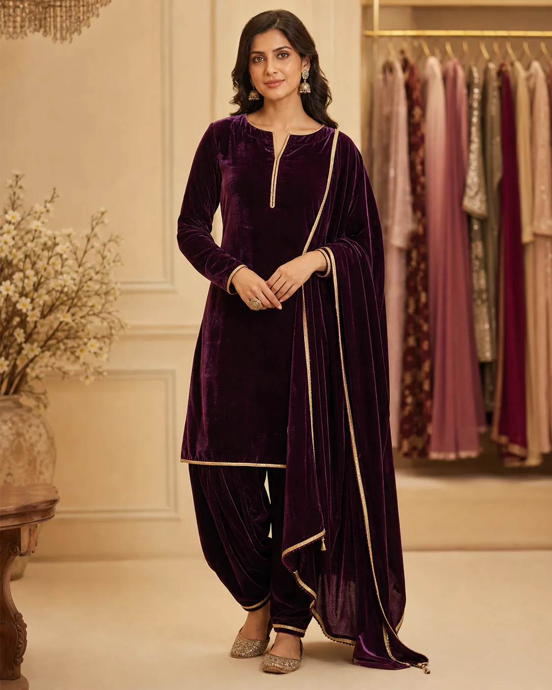 Deep plum velvet Punjabi suit with gold piping